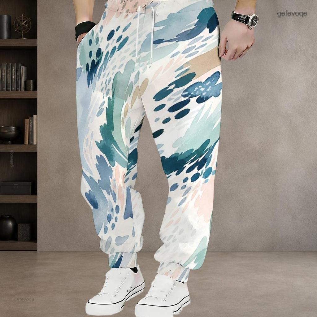 Men Plus Size Colorful Printed Drawstring Waist Side Pockets Cuffed Ankle Jogger Pants