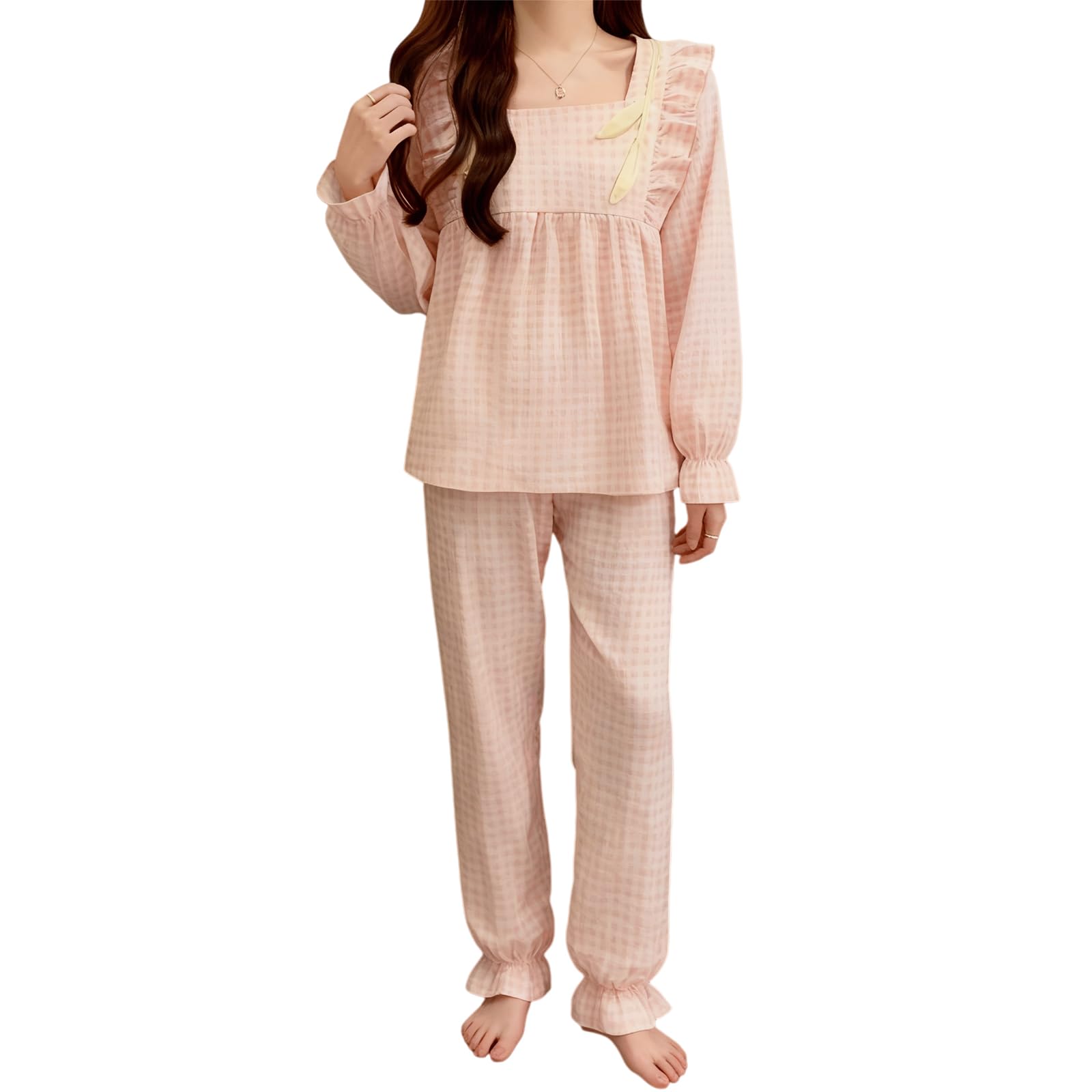 

Tamglean Quion Pajamas and Loungewear Checked and Ruffled Long Sleeve Set Princess Style Loose and Cute for Spring and Perfect Gift Women s - (2 розовый