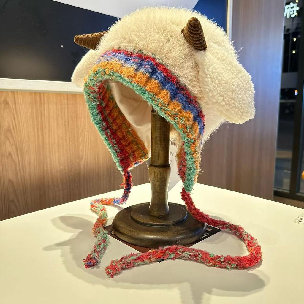 Winter warm ear protection color rope plush hat women's versatile windproof knitted wool hat plush thickened cycling pullover hat