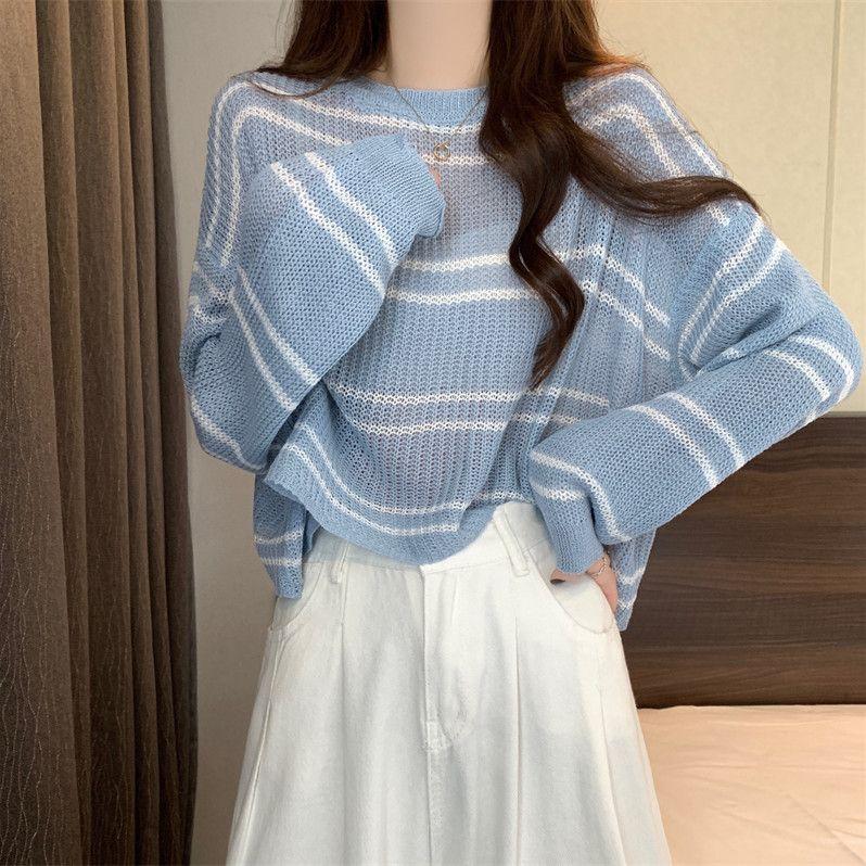 Women's Blue Striped Thin Knit Top Spring Autumn Thin Lazy Style Loose Sun Protection Cover-up Hollow Out Short Top Summer