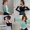 Women Asymmetrical Strapless Slim Sexy Navel Exposed Long Sleeve T Shirt Tops