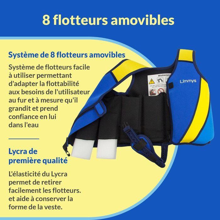Limmys Gilet de Natation en Néoprène Premium - Gilet de Sauvetage pour Enfants - 8 Flotteurs Amovibles - Bleu Royal - Grand