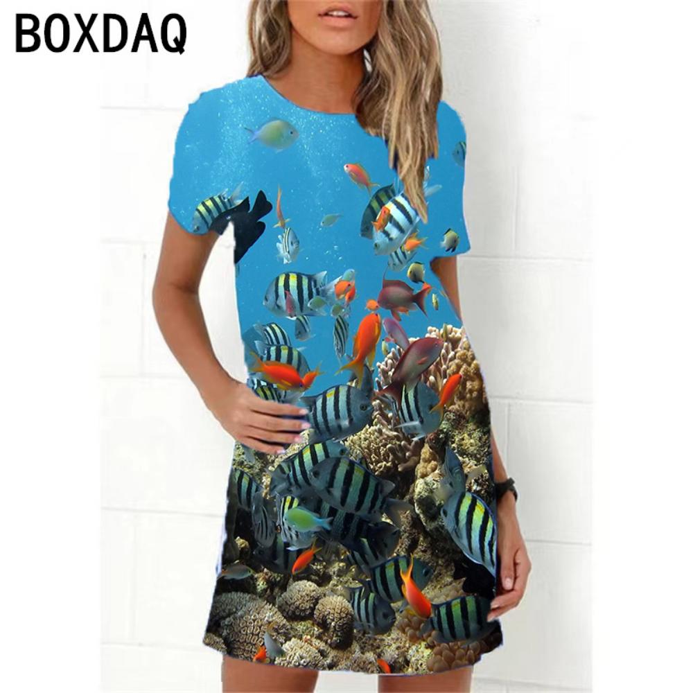 Ocean World 3D Print Dress Women New 2026 Summer Short Sleeve Cartoon Fish A-Line Dress Oversized Loose Casual Ladies Dress