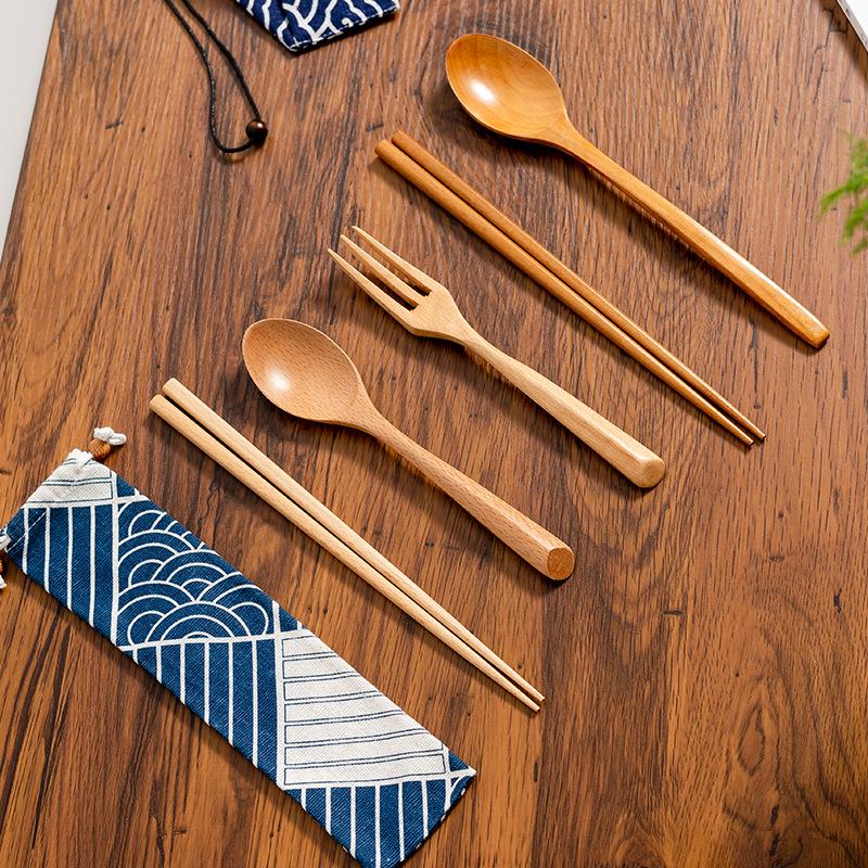 Portable Wooden Cutlery Set: Chopsticks, Fork, Spoon with Cloth Bag for Outdoor Travel