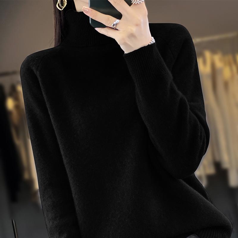 Women's High Neck Loose Knit Pullover for Autumn/Winter - Thick Raglan Sleeve Sweater Top