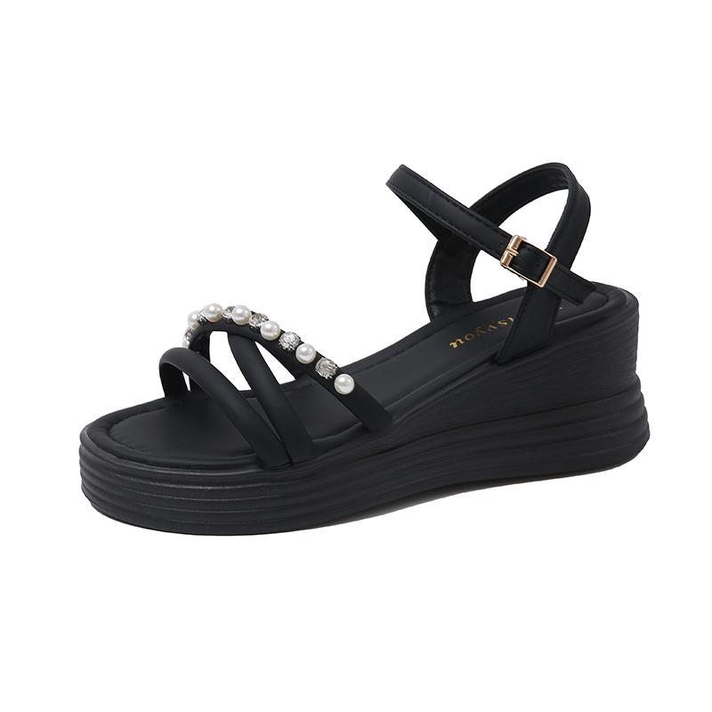 

Platform open-toed pearl sandals for women 2025 summer new one-word belt comfortable casual wedge heel beach sandals for women 41 чорний