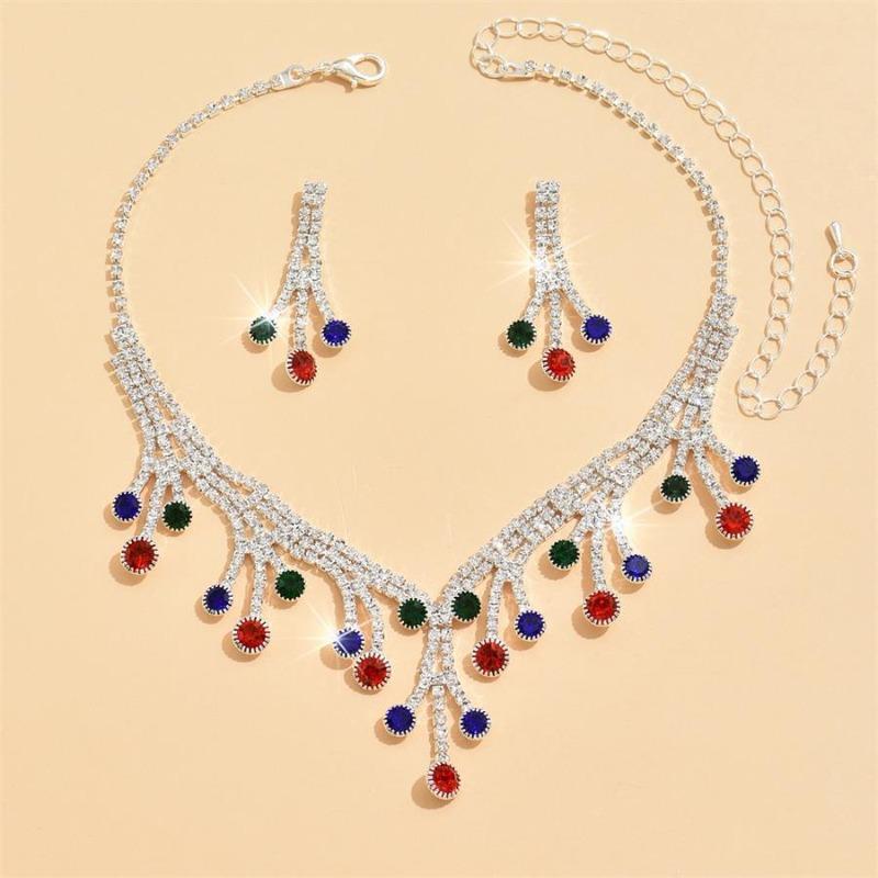 Color Fashion Necklace Earrings Set Wave Diamond Rhinestone Simple Necklace Women S Dinner Necklace Accessories