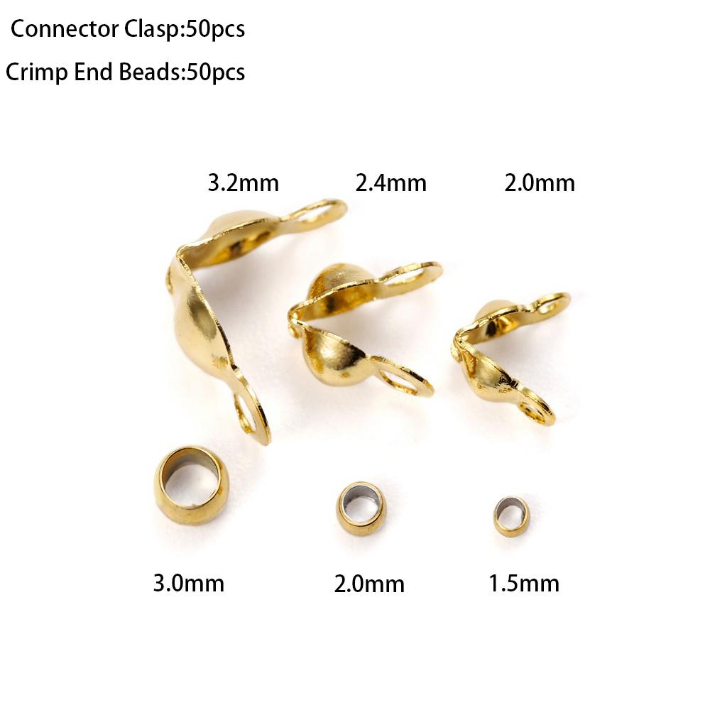50Sets Stainless Steel Gold Color Connector Clasp Crimp End Beads for DIY Bracelet Necklace Chains Jewelry Making Accessories