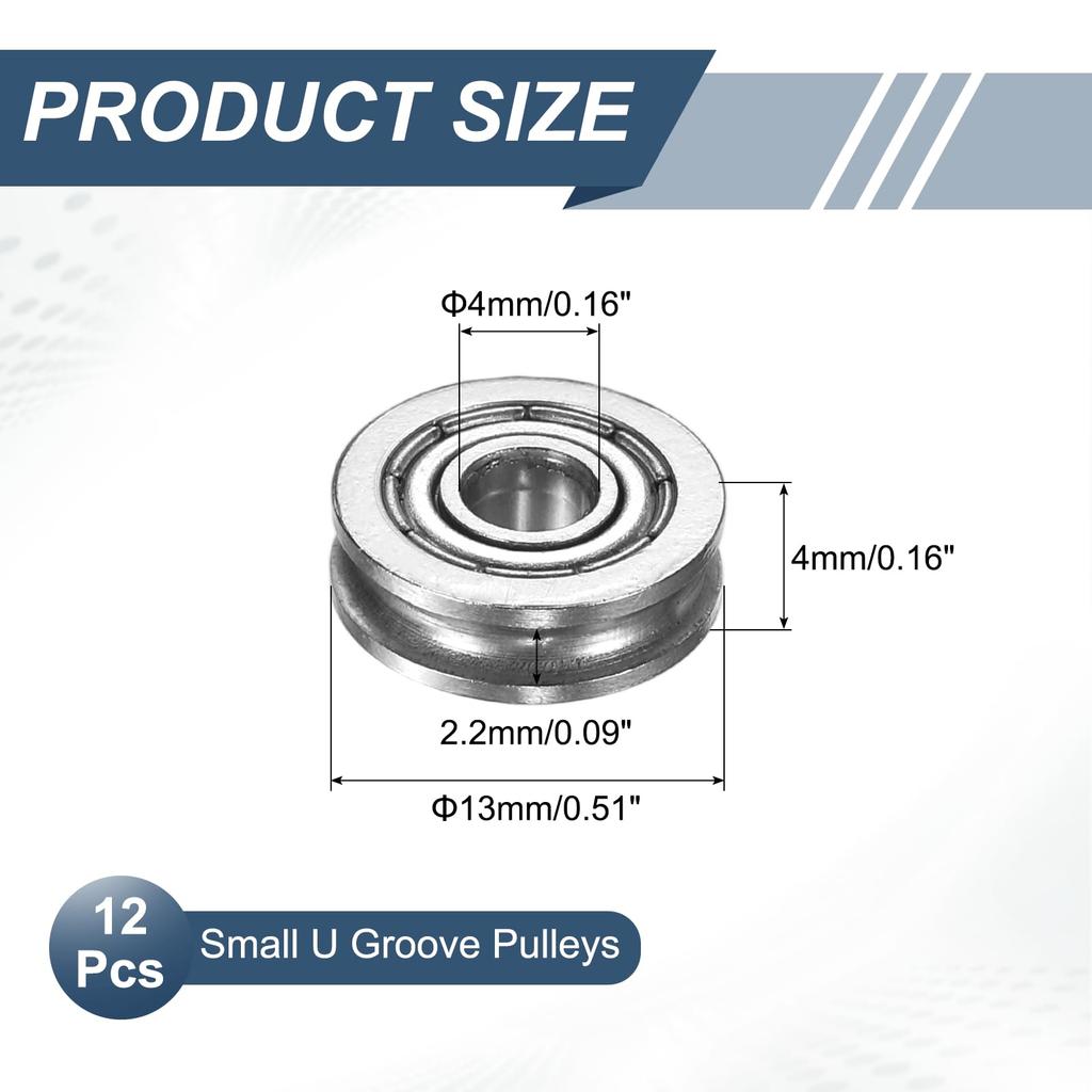 PATIKIL 12pcs Small U-Groove Ball Bearing Pulleys 4x13x4mm Miniature Pulley Bearing Carbon Steel Rail Trucks for Clinical Motion System Replacement