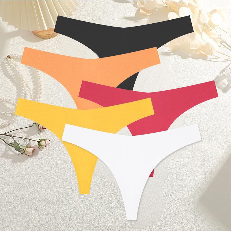 5PCS Women Ice Silk Seamless Underpants Panties Sexy V-Waist Sport Thongs Low Rise 10 Soild Colours Breathable G-string