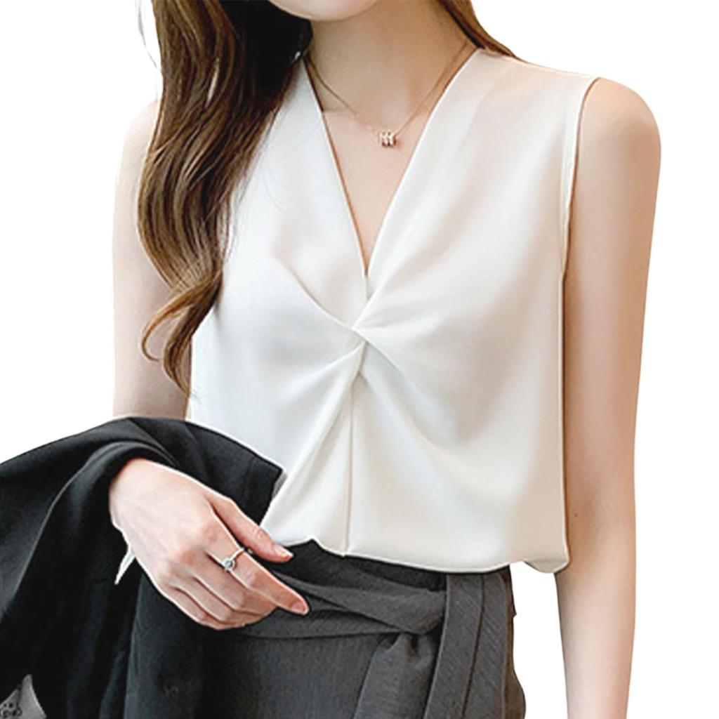 Blouses for Sleeveless Cut and Tank Summer Loose Office Cool To the Cool [SeiunAn] Women, Shirts, Tops, Summer, Chiffon, V-neck, Sewn, Neat, Top,