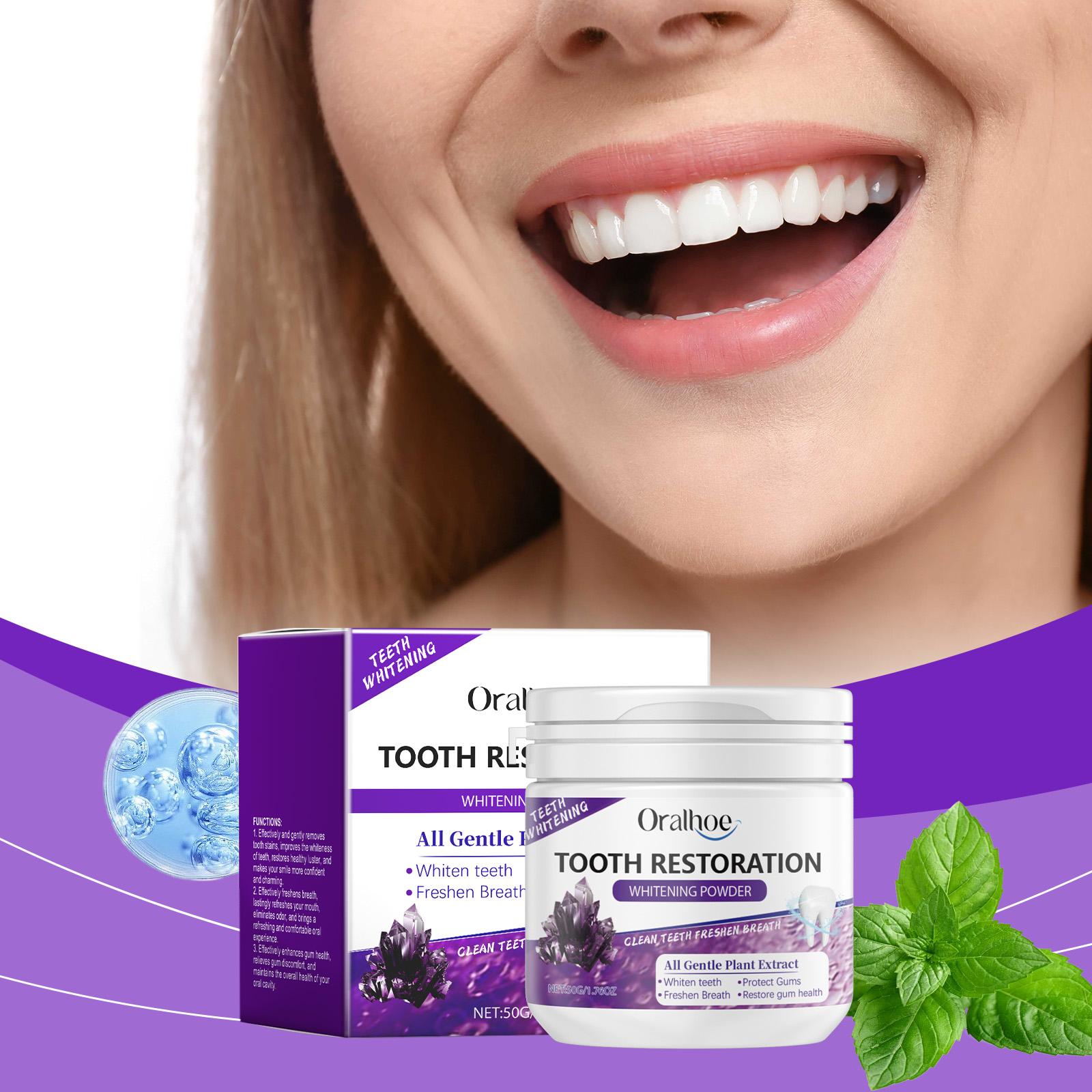 Oralhoe 50g Teeth Whitening Powder Purple Brighten Mint Scent Fresh Breath Remove Stain Oral Hygiene Clean Bleach Teeth Powder 50g