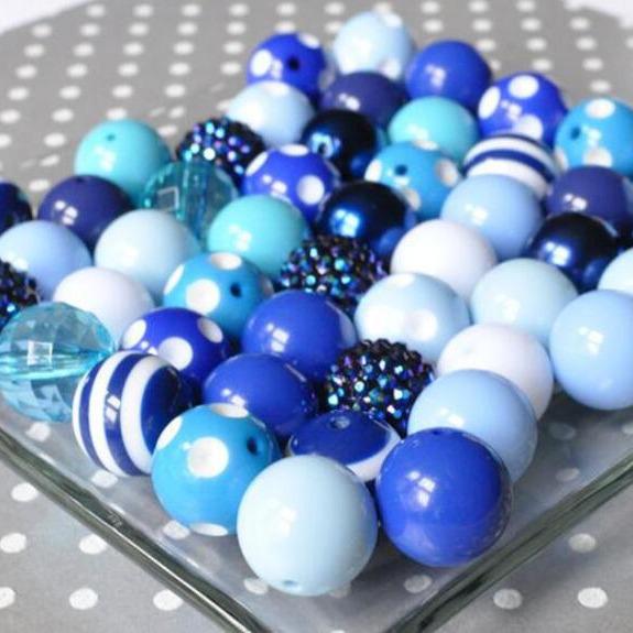 50 PCS Blue Tone 20MM Mixed Color & Style Acrylic Resin Chunky Loose Beads