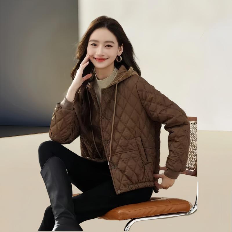Women's Winter 2025 Rhombus Hooded Cotton-Padded Jacket - Trendy Petite Lightweight Outerwear