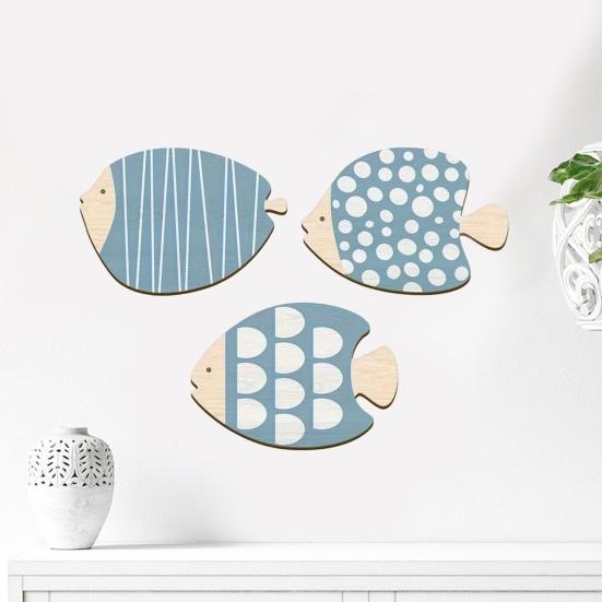 3 Pcs Wooden Fish Wall Decor Beach Nautical Coastal Theme Blue Fish Wall Sculpture Vintage Lake House Wall Art for Bathroom Living Room