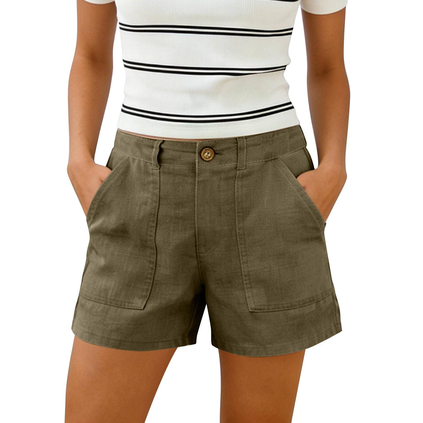 

Women s Cotton And Linen Shorts, With Pockets, Soft Button Closure, Zipper, Slim Fit. M зелений