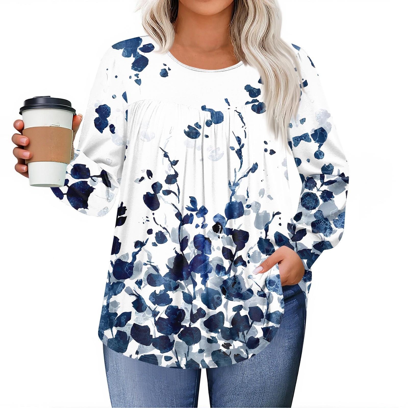 

Womens Plus Size Tops Long Sleeve Shirts Round Neck Flowy Tunic Casual Loose Blouse L-5X XXXL синій