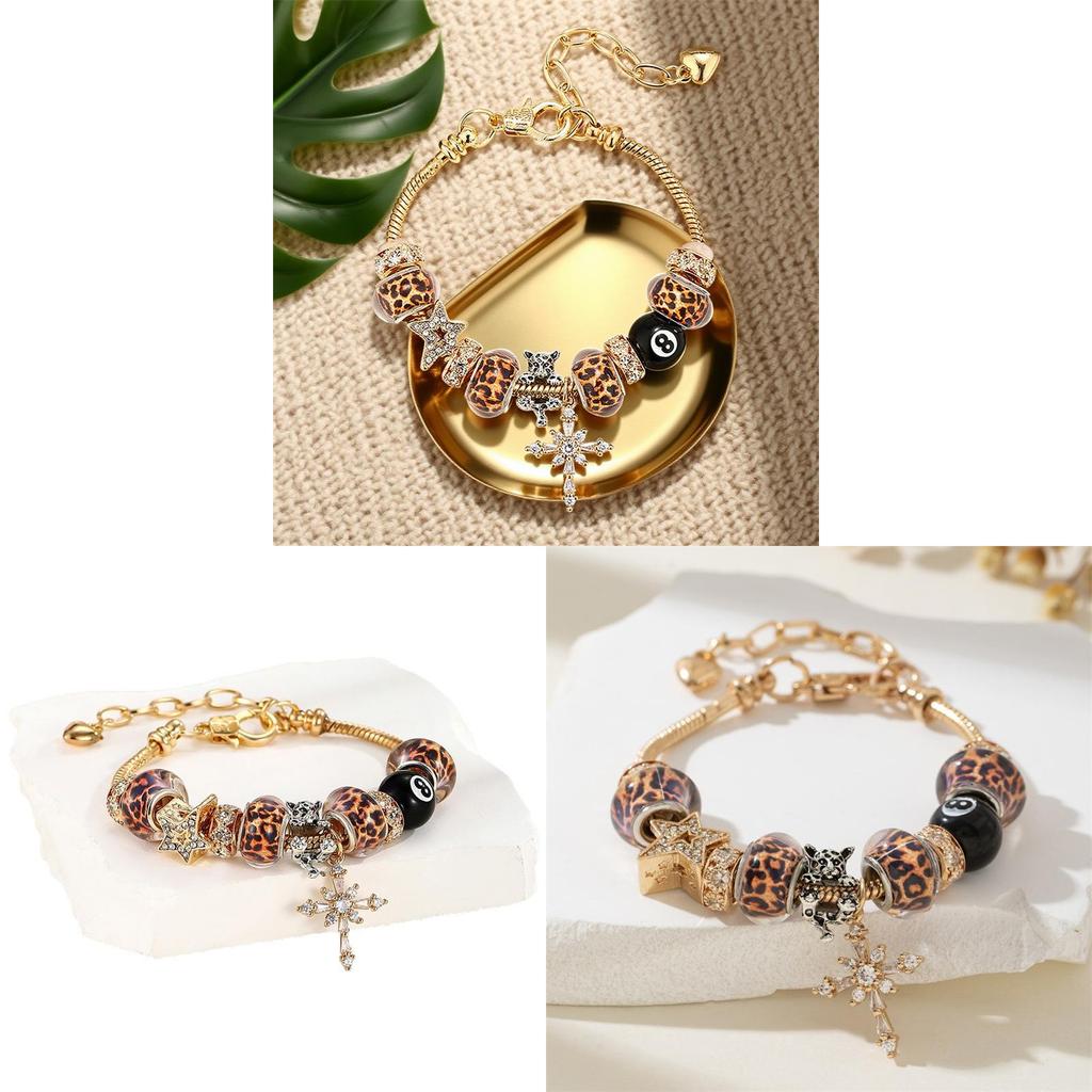 Elegantes Leopardenmuster Kreuz-Anhänger Verstellbares Kupferarmband Für Damen