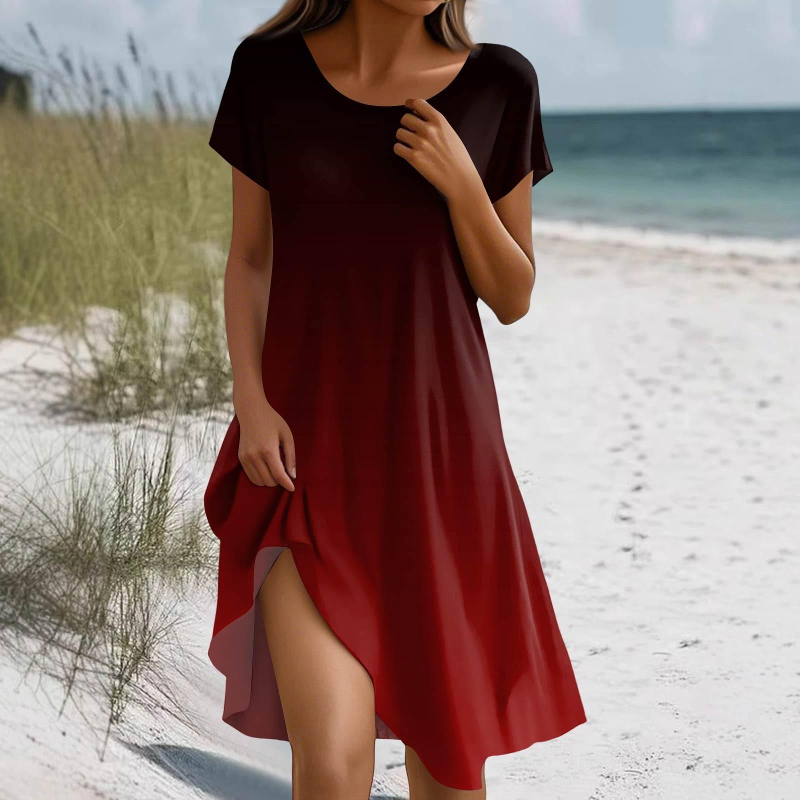 

Платье в стиле бохо с коротким рукавом для женщин, повседневное, свободного кроя, летнее, сарафан с цветочным принтом и карманами M винный