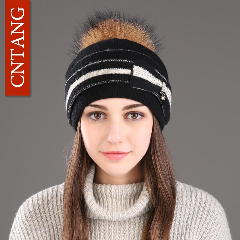 Classic Multiple Styles Women Beanie Winter Warm Fashion Raccoon Fur Pompom Hats Knitted Wool Cap Clearance Cheap High Quality