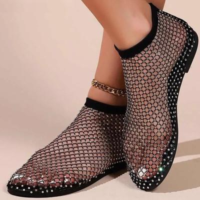 Shiny Mesh Flats Rhinestone Flats Fish Sandals Elastic Fishnet Stockings Mesh Flats Shoes For Women