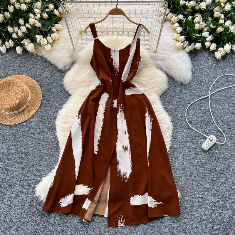 

Tea Break Retro Slimming A- line Large Hem Sling Dress Brown One size