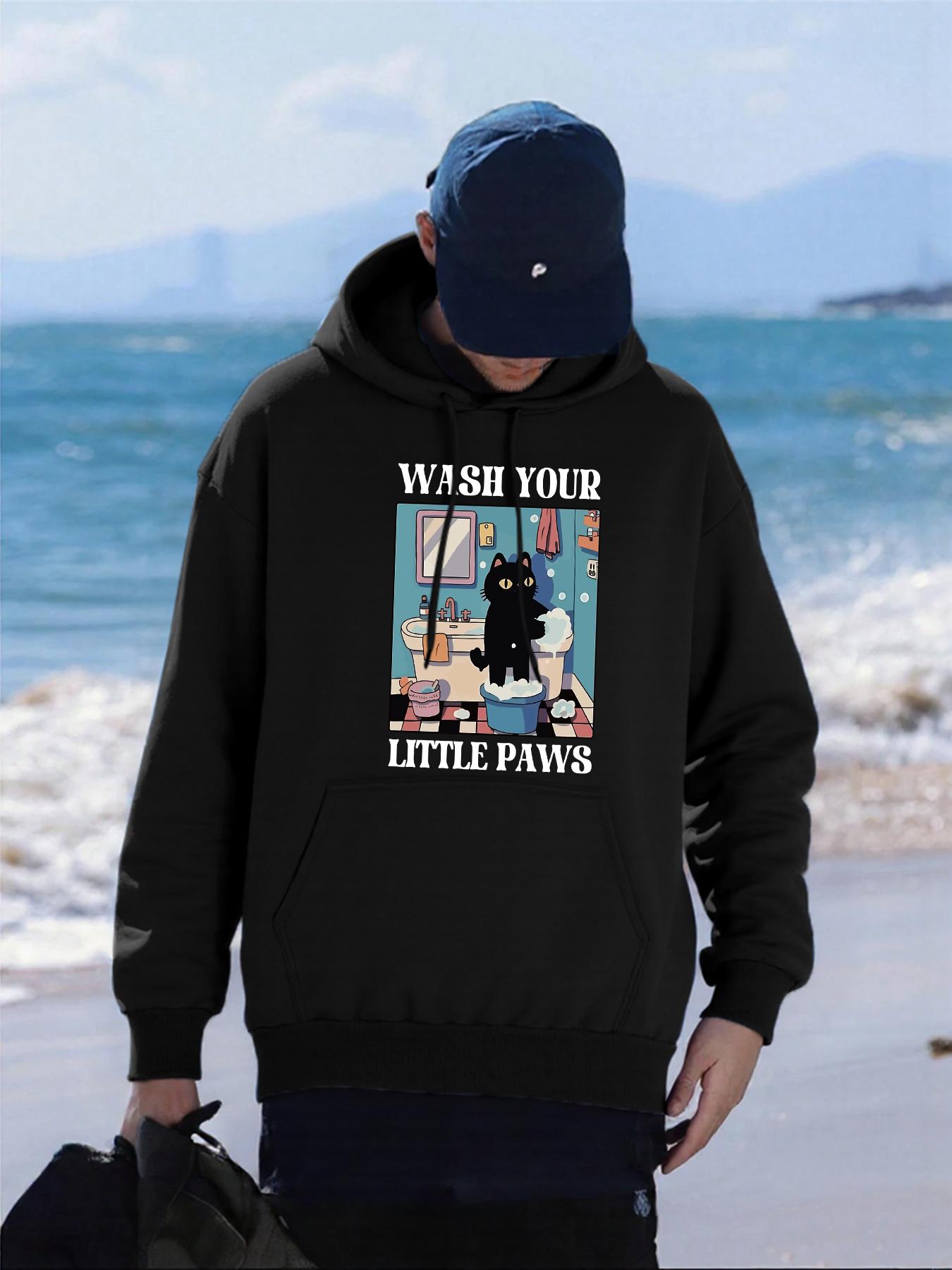

Wash Your Littele Paws Cat Pattern Mens Hoodies Casual Autumn Pocket Streetwear Loose Hip Hop Pullovers Fleece Man Hoody 3XL