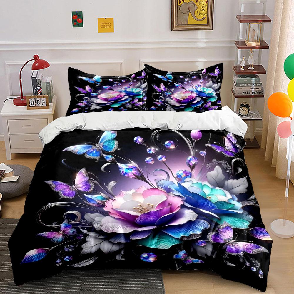 Elegant Floral And Butterfly Trio Ideal For Home Decor, Kid'S And Adults' Bedroom Decor,Exquisite Three-Piece Bedding Set Gift