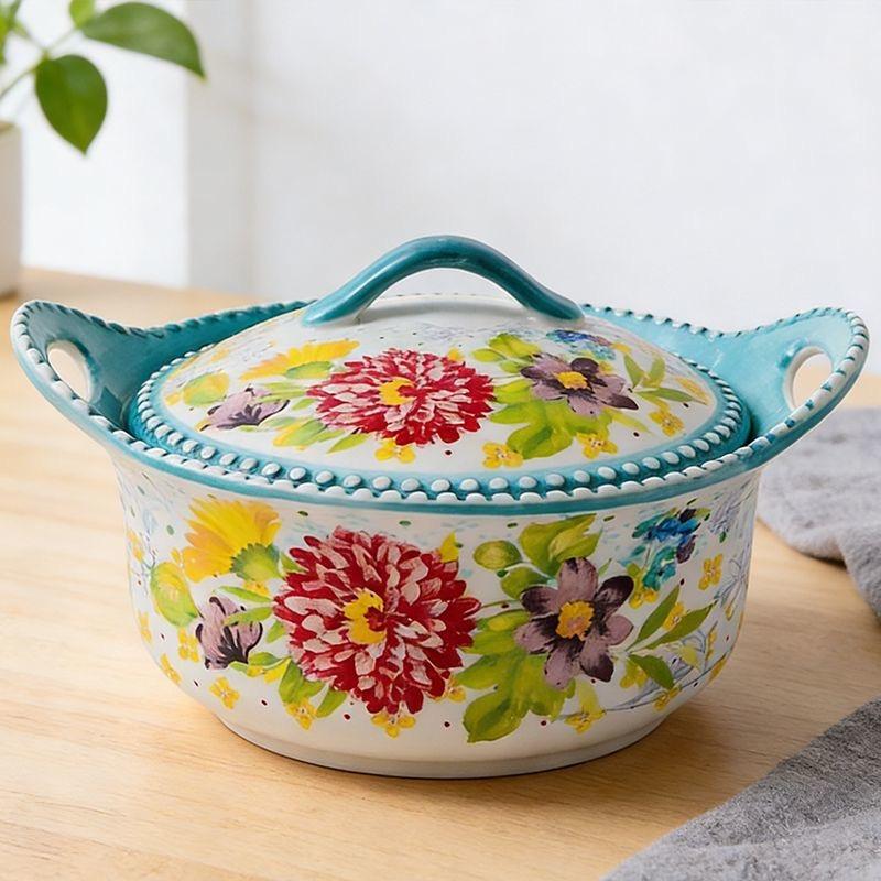 Große Keramik-Suppenschale mit Henkeln, Unterglasur, floral – Haus-Essgeschirr, Nudelschale