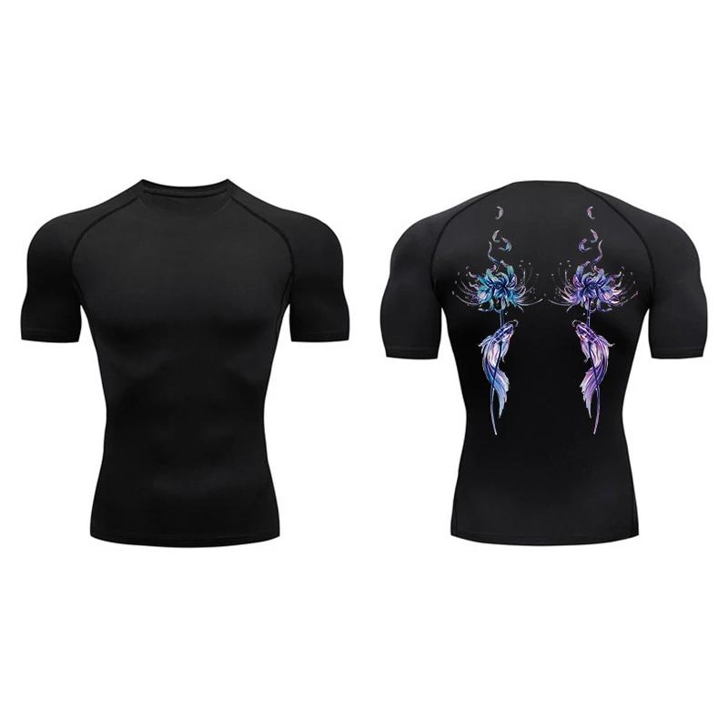Blossom Print Short Sleeve Compression Tee Shirts Men Summer Athletic Quick Dry T-shirts Fitness Gym Workout Running Sporty Tops