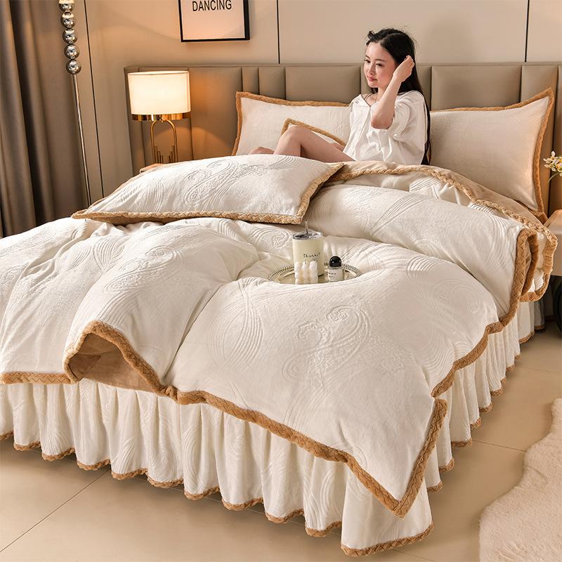 Class A Maternal And Infant Grade High-Gram Carved Fleece Milk Fleece Bed Skirt4-Pcs Set, Winter Double-Sided Fleece Quilt Cover
