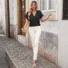 Women's Fashion Casual Short Sleeve Shirt V Neck Blouse Lightweight Loose Fit Top for Everyday Wear and Office