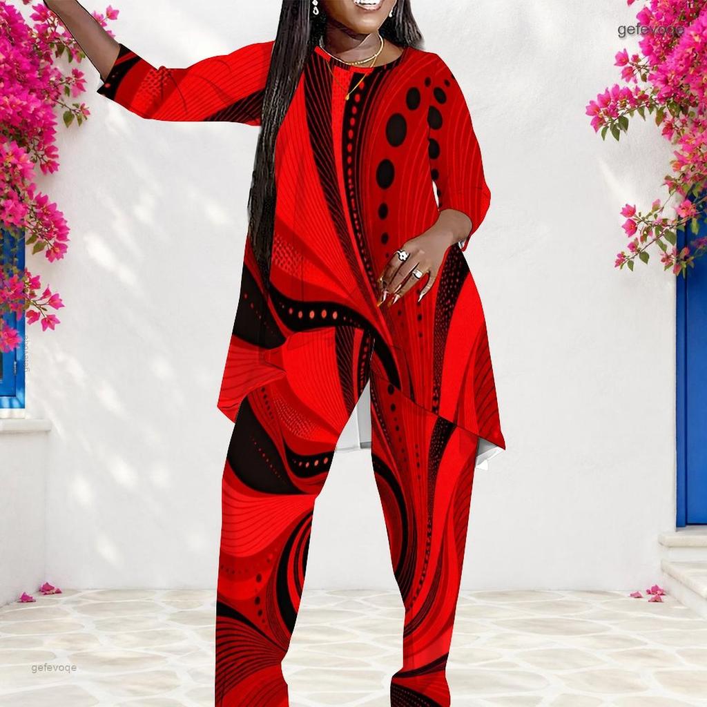 Women Plus Size Round Neck Long Sleeve Printed Layered Top Long Pants Two Piece Set