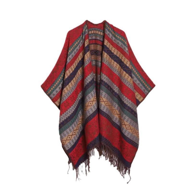 Ethnic Style Tassel Shawl: Xinjiang Tibet Yunnan Lijiang Travel Jacquard Outerwear Warm Striped Cape