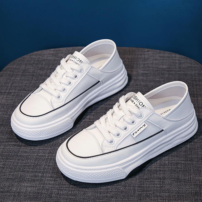 Leather Platform White Shoes Women's Spring and Summer New Versatile Soft Sole Two Wear Casual Single Shoes Sports Shoes Board Shoes