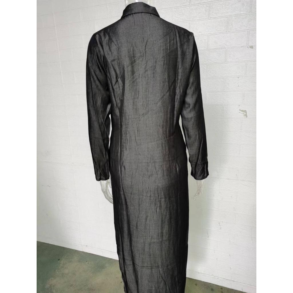 Elegant Women's Long Sleeve Denim Dress - Neutral Style Button-Down Maxi Dress with Lapel Collar and Pockets, Stylish Solid Color Long Dress for Casua