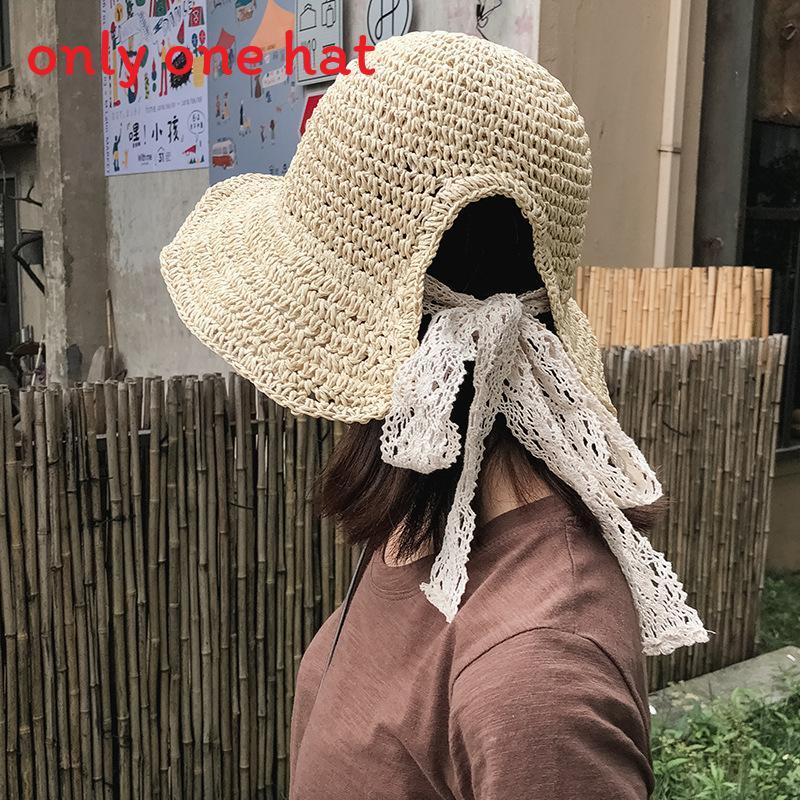 

Summer Straw Hat With Wide Brim And Lace Tie For Sun Protection Beach Fashion абрикосовий