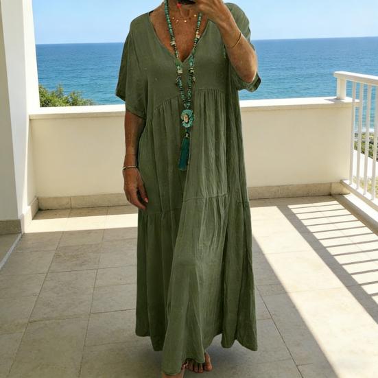Vestido de Linho de Verão Plus Size para Mulheres Solto Manga Curta Decote V Longo Casual Praia Fluido Vestido de Sol com Bolsos