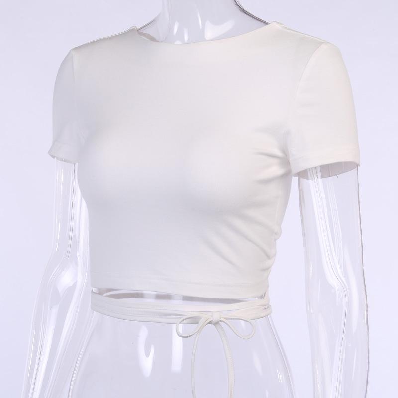 Open Back Crop Tops Summer Women Bandage Lace-up Backless Solid Pullover T Shirt Slim Tee
