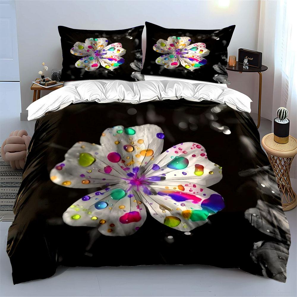 3Pcs Rainbow Flower Bedding Set, White Flower with Colorful Water Drops Print Duvet Cover + 2 Pillowcases, Modern Art Decor