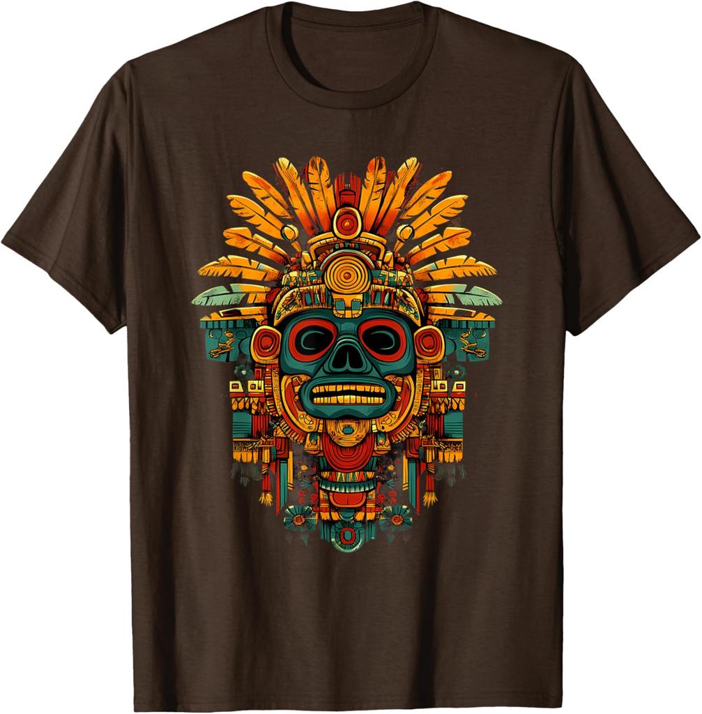 Aztekischer Maya Gott Schädel Kopfschmuck Grafik T-Shirt Herren Atmungsaktiv Kurzarm T-Shirt Lässiger Ausflug