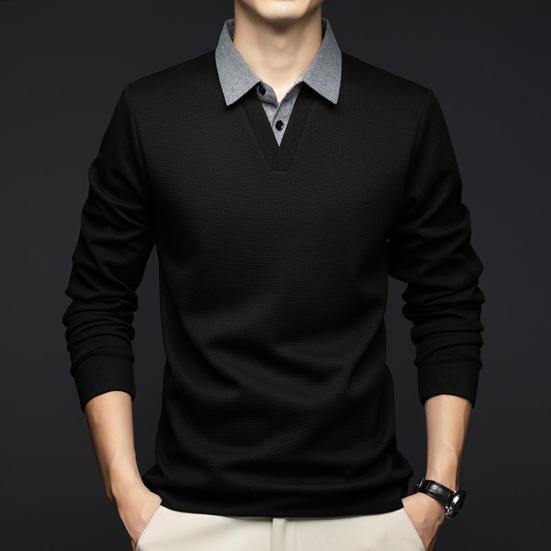 

Мужская футболка из двух частей с рубашечным воротником, с длинными рукавами, многослойная, для весны и осени, базовая футболка мужской моды XXXL чёрный