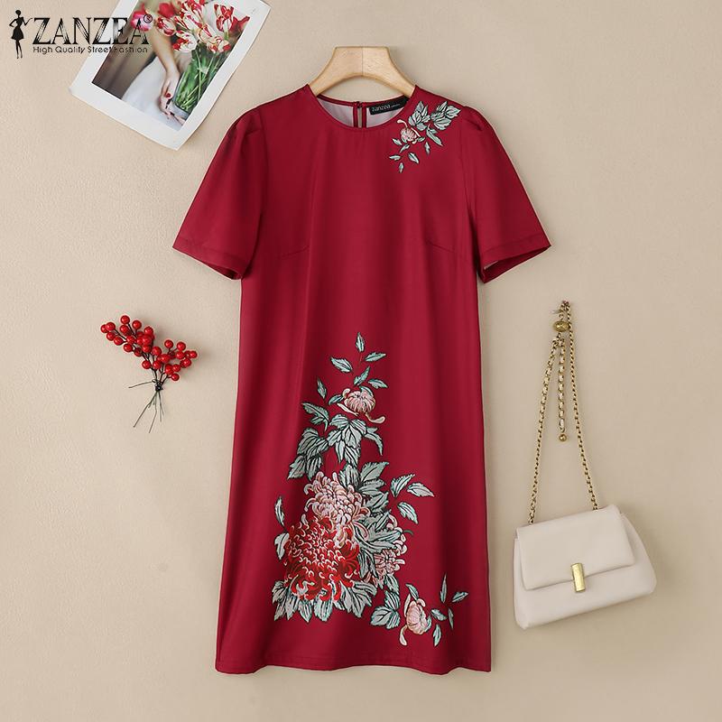ZANZEA Women Casual Round Neck Short Sleeve Summer Print Dress