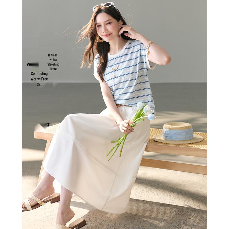 TERRE BLEUE Women s Summer Knit Top & A-line Midi Skirt Set L