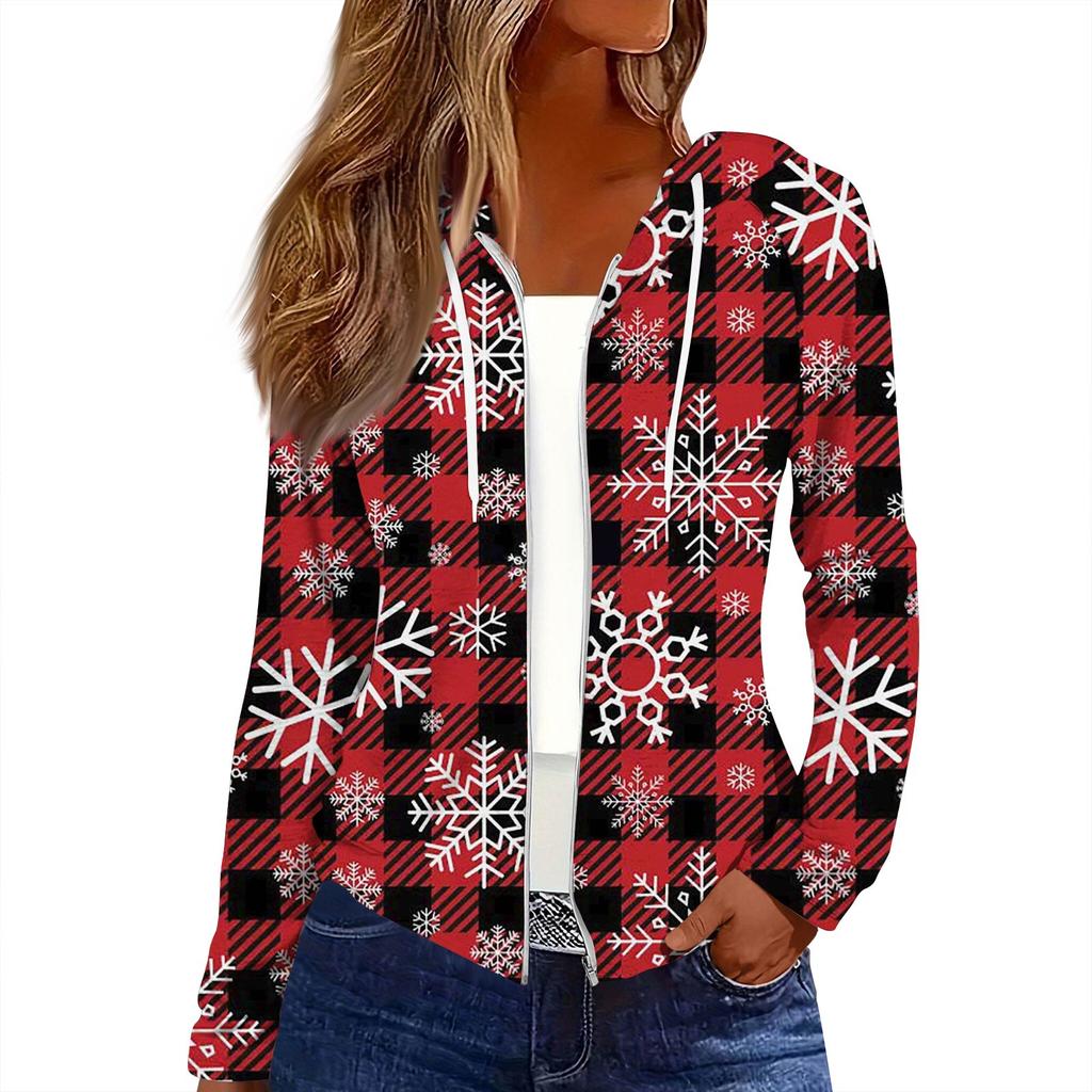 Women's Fashion Christmas Print Casual Zip-Up Long-Sleeved Hooded Jacket