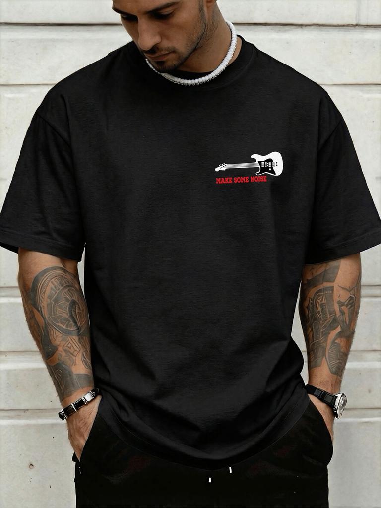 Electric Guitar Make Some Noise Chest Small Graphic Art Print Unisexs Crew Neck Short Sleeve Tee Casual Daily Soft Basic Wear Top