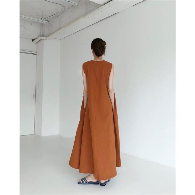 Pumpkin Color Lazy Simple Swing Loose Sleeveless A-line Vest Long Skirt Slimming Dress
