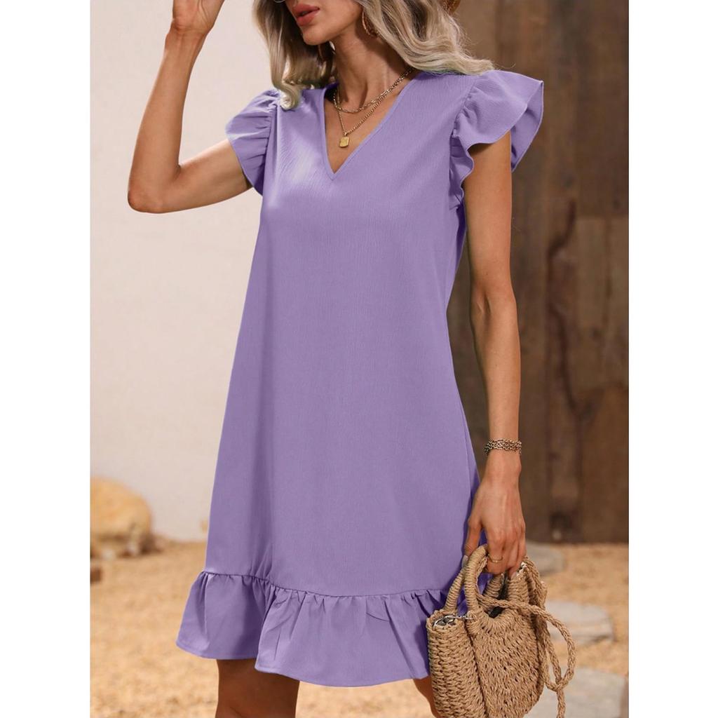 Women's V Neck Ruffle Sleeve Loose Fit Solid Color Casual A Line Summer Dress