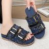 Fashion Fashion Double Buckle Denim Slippers Women New Comfort Thick Bottom Sandal Woman Summer Stylish Med Heel Platform Slides Mujer