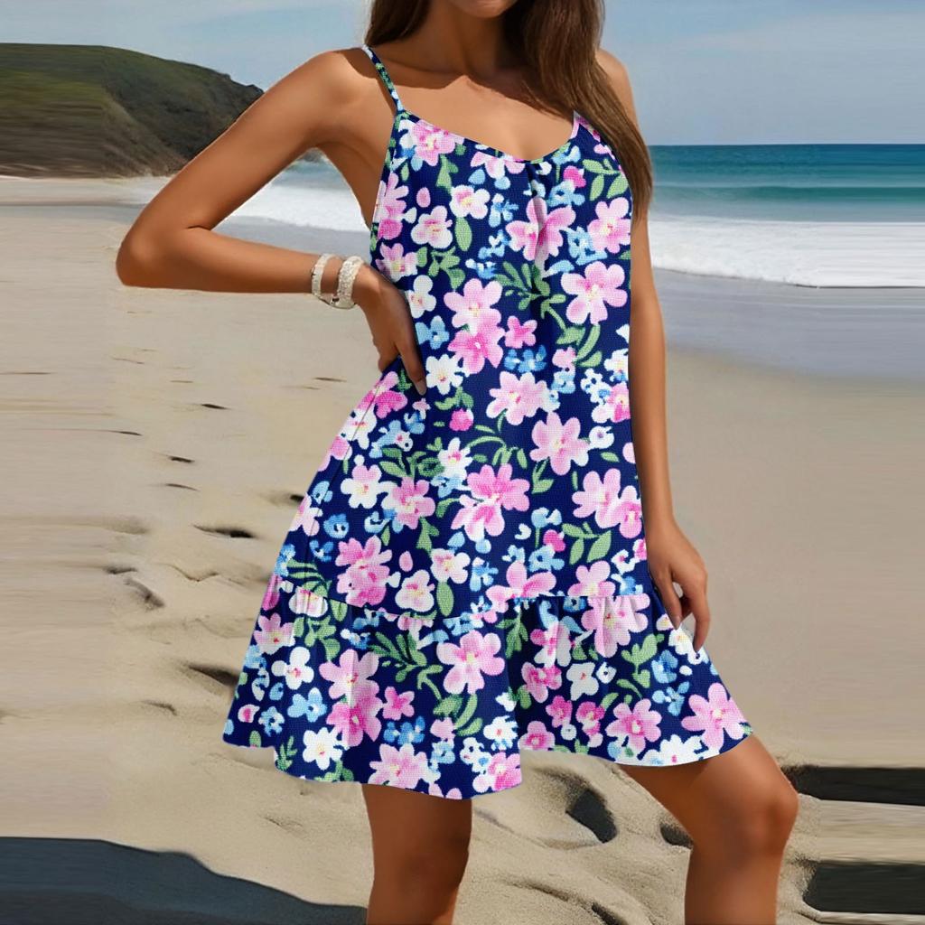 Women's Fashion Casual Sleeveless Round Neck Loose Floral Print Beach Dress